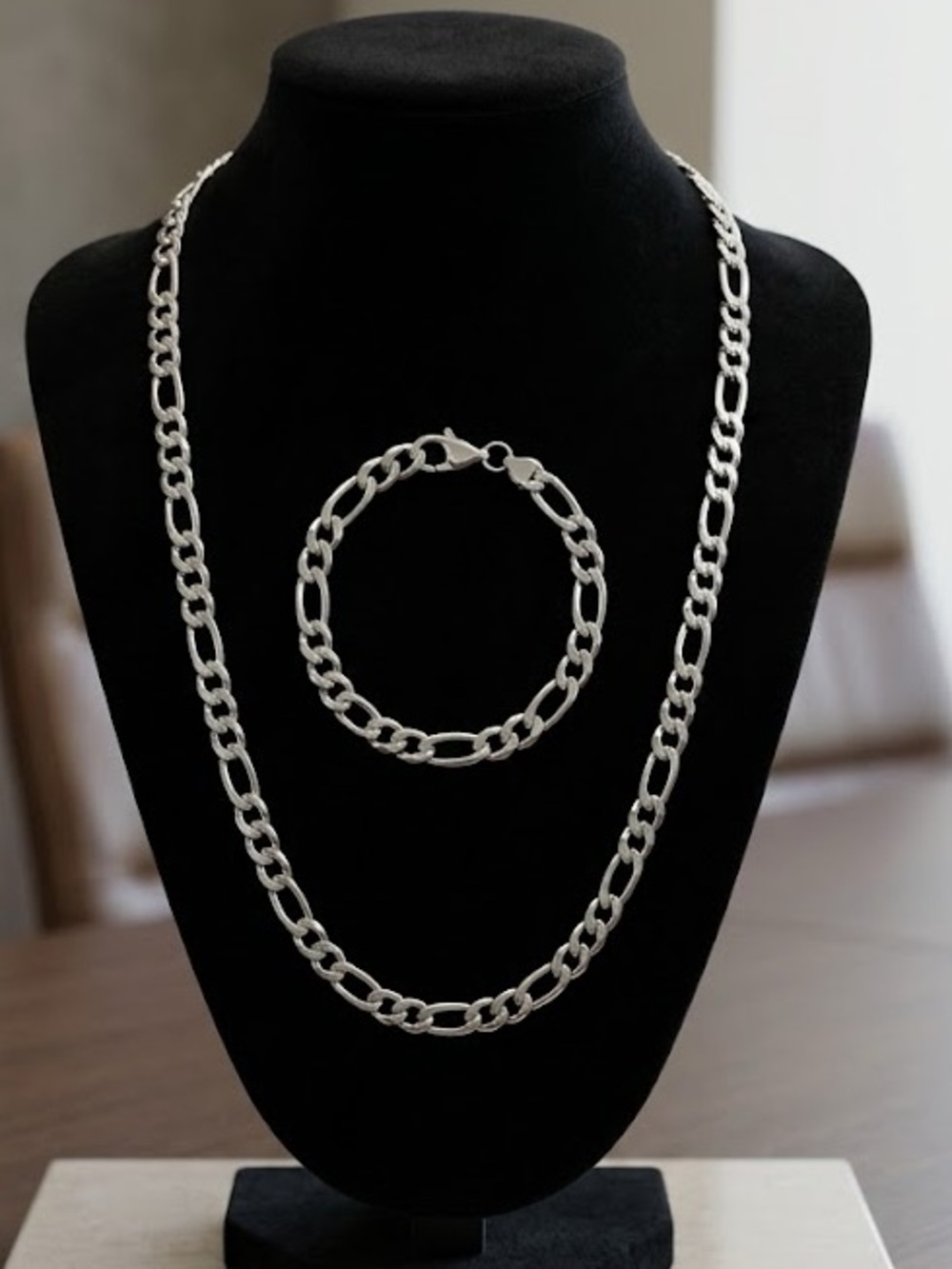 New Stainless Steel Figaro Chain Necklace (22”) & Bracelet (8”) Set